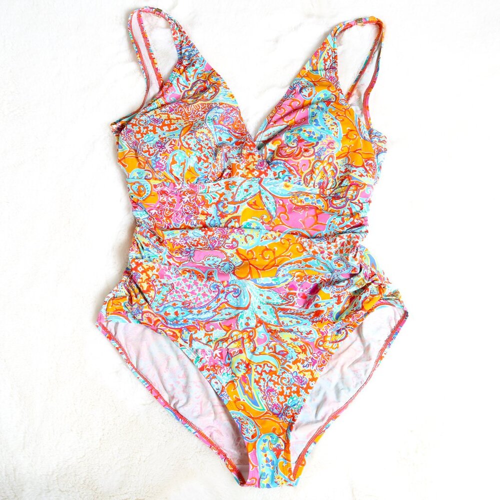 LAUREN RALPH LAUREN Amara Patchwork Surplice One-Piece Swimsuit Size 16